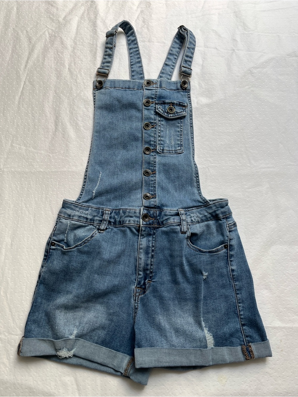Eighty Two Denim Light Wash Distressed Short Overalls 9 Medium
